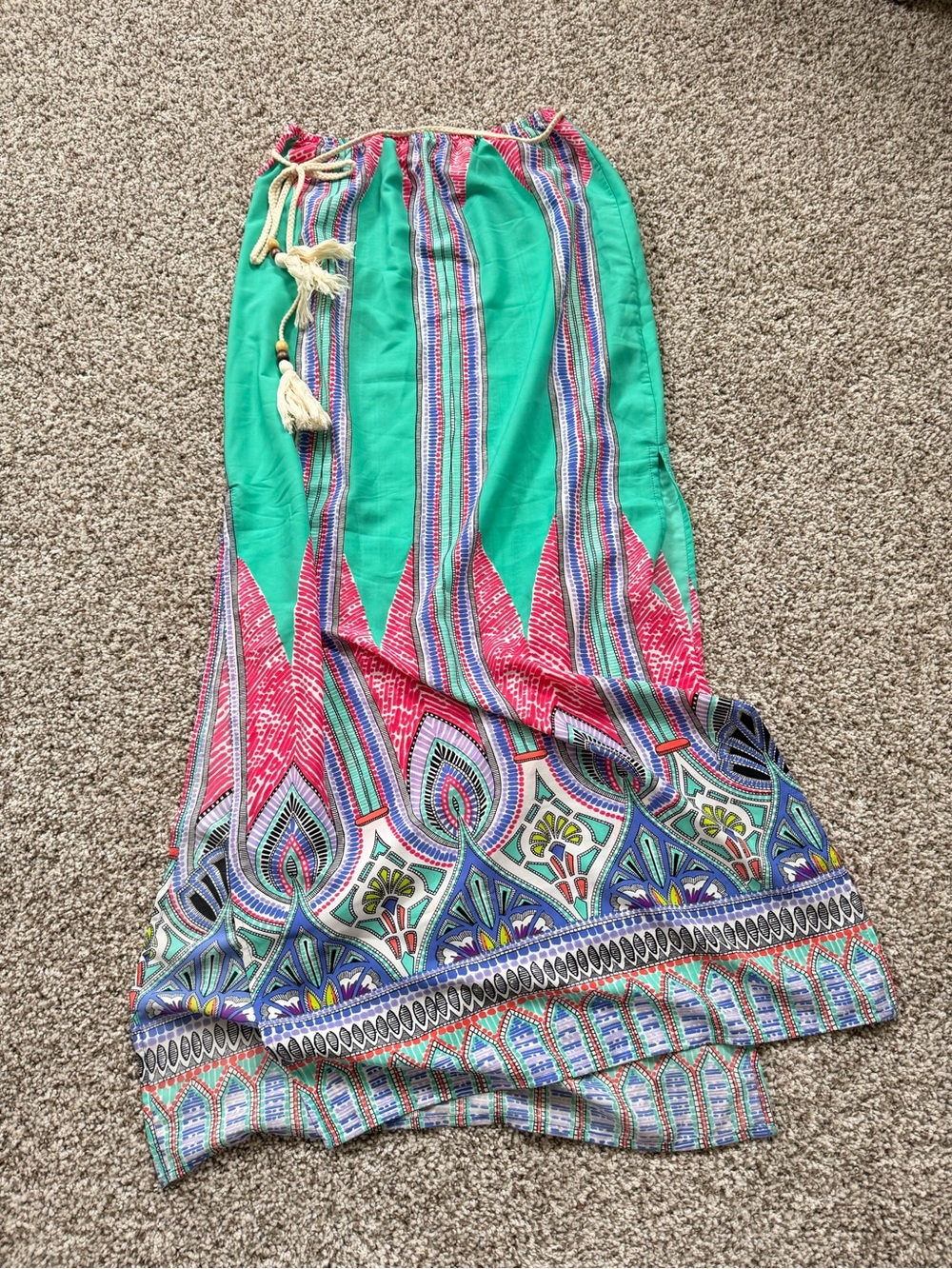 Boho Printed Maxi Skirt in Green and Pink